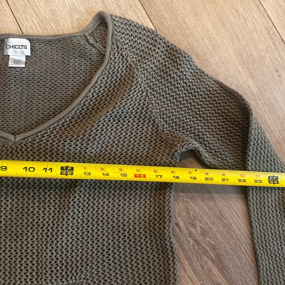 Chicos Cotton Open Knit V-Neck Sweater Olive Taupe Kangaroo Pocket Size 1 M - Picture 5 of 7